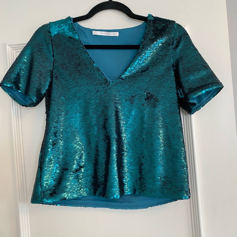 Teal/Green Sequin V-Neck Top